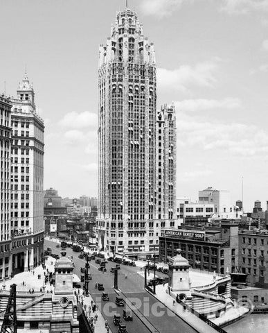 Chicago Historic Black & White Photo, The Wrigley and Tribune Buildings, c1925 -