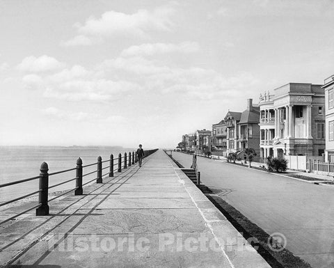 Charleston Historic Black & White Photo, Promenade Along the Battery, c1900 -