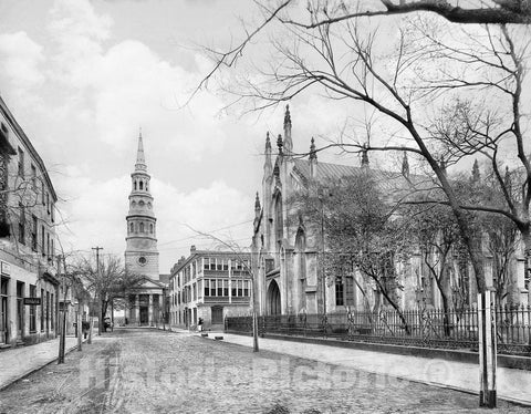 Charleston Historic Black & White Photo, Looking Down Church Street to St. Philip's, c1915 -