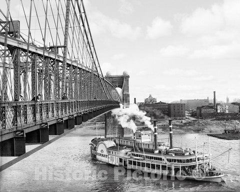 Cincinnati Historic Black & White Photo, The Roebling Suspension Bridge, c1906 -