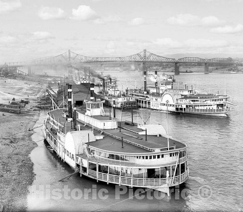 Cincinnati Historic Black & White Photo, Steamboats on the Ohio River, c1904 -