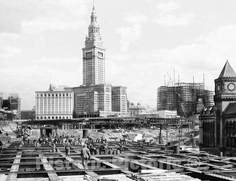 Historic Black & White Photo - Cleveland, Ohio - Construction Around Terminal Tower, c1930 -