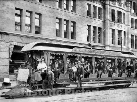 Denver Historic Black & White Photo, Passengers in a Sightseeing Trolley Car, c1905 -