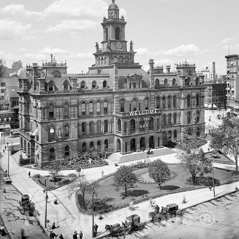 Detroit Historic Black & White Photo, Campus Martius and City Hall, c1904 -