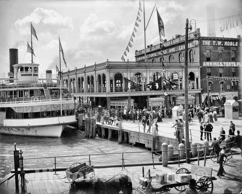 Detroit Historic Black & White Photo, Crowds at the Belle Isle Ferry Dock, c1895 -