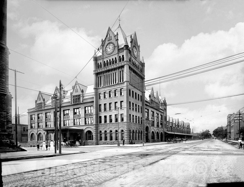 Detroit Historic Black & White Photo, Outside Union Station, c1904 -