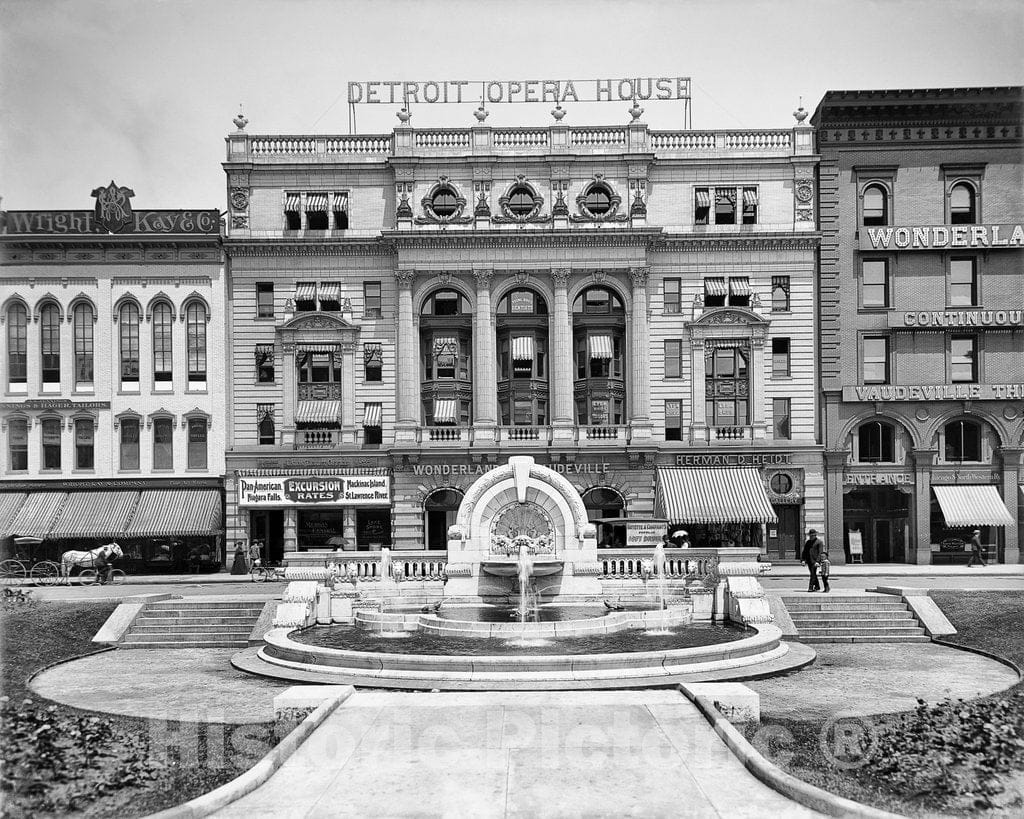 Detroit Historic Black & White Photo, The Merrill Fountain and Detroit Opera House, c1901 -
