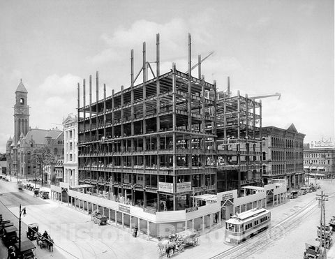 Detroit Historic Black & White Photo, Building the Dimes Savings Bank, c1910 -