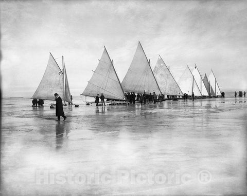 Detroit Historic Black & White Photo, Ice Yachting on Lake St. Clair, c1900 -