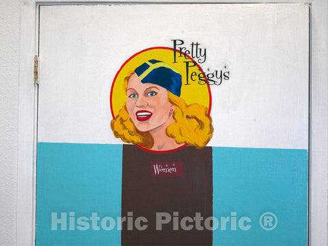 Photo - Decorative Women's-Restroom Door, Featuring an Early Dr. Pepper Advertising Figure, at The Dublin Bottling Works and W.P. Kloster Museum in Dublin, Texas