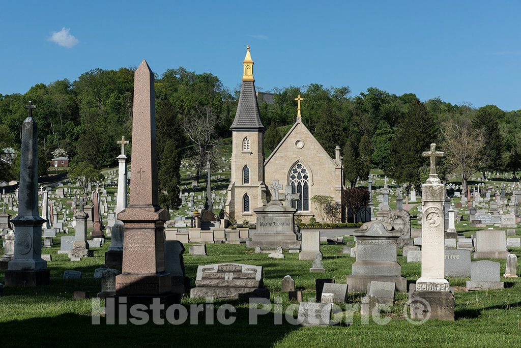 Photo - Gravestones and The Chapel Building at Mount Calvary Cemetery, Adjacent to Wheeling City Park in Wheeling, West Virginia- Fine Art Photo Reporduction
