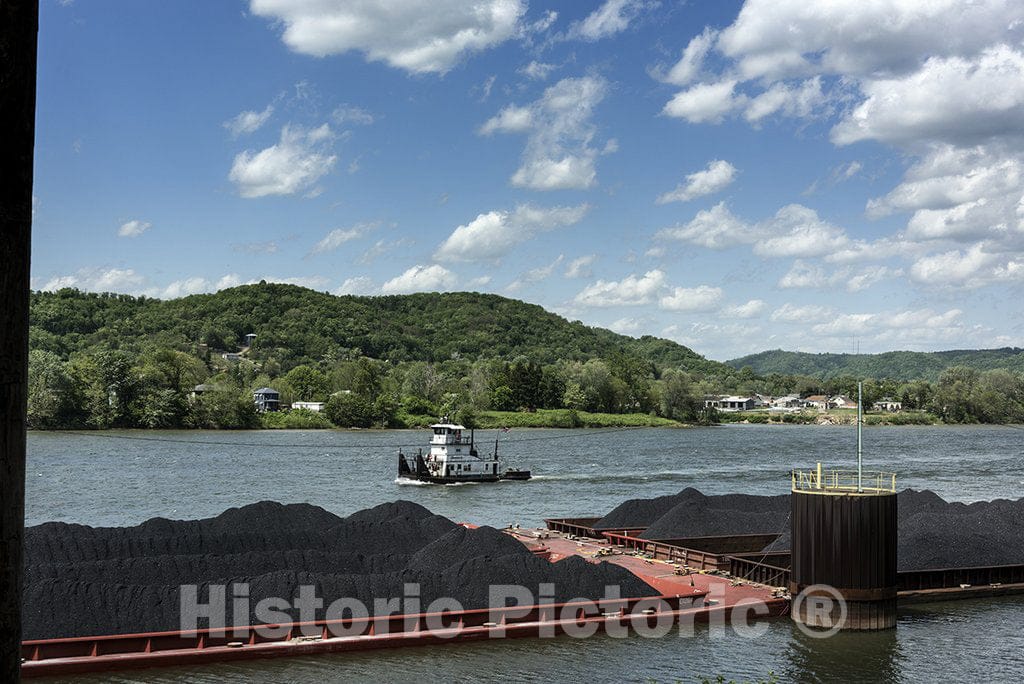 Marshall County, WV Photo - Docked Coal-Filled barges and a Passing Tugboat on The Ohio River, Below Moundsville in Marshall County, West Virginia