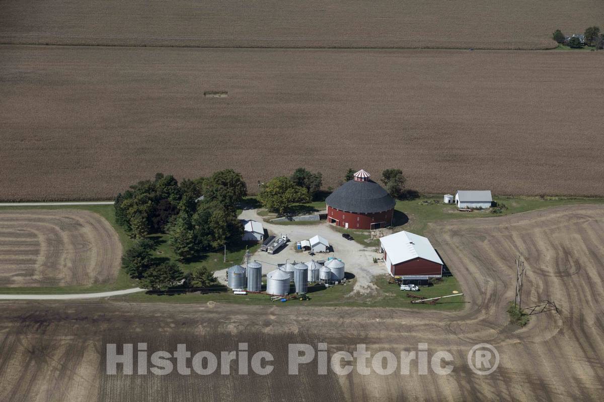 Photo - Aerial View of a Farmstead Near McCordsville in Hancock County, Indiana, That Includes a Bright-red Round barn- Fine Art Photo Reporduction