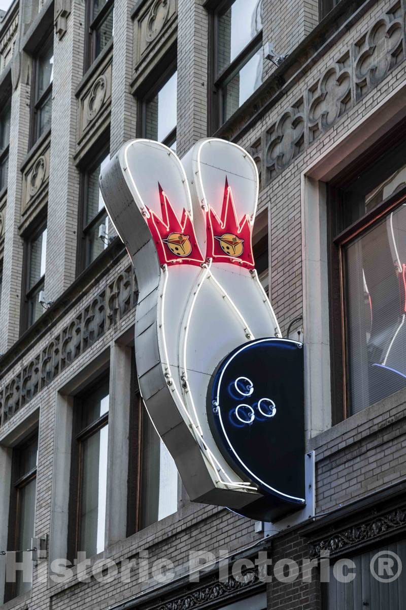 Photo - Neon Sign Promoting a Bowling Alley in Downtown Cleveland, Ohio- Fine Art Photo Reporduction