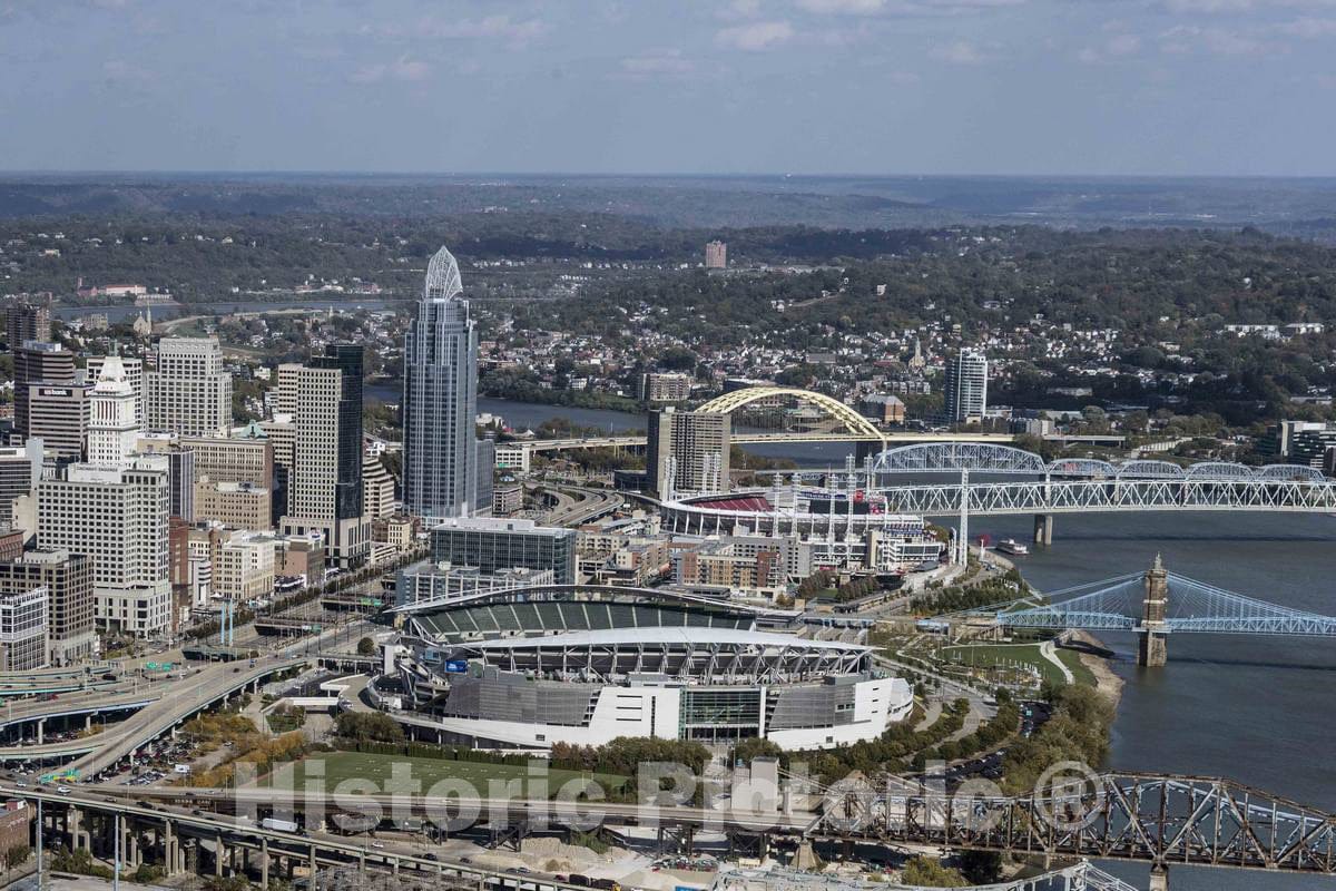 Photo - Aerial View of Downtown Cincinnati, Ohio Along The Ohio River- Fine Art Photo Reporduction