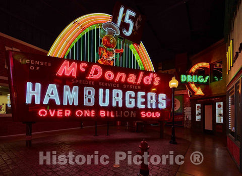 Photo - an Original McDonald's Fast-Food Franchise Golden Arches neon Sign is one of Hundreds of Advertising Signs, placards- Fine Art Photo Reporduction