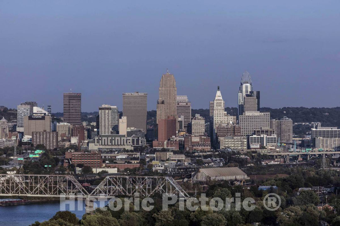 Photo- Dusk View of The Cincinnati, Ohio Skyline, Including a Look at The Giant, Illuminated Cincinnati Sign on The city's Convention Center, Duke Energy Center 2