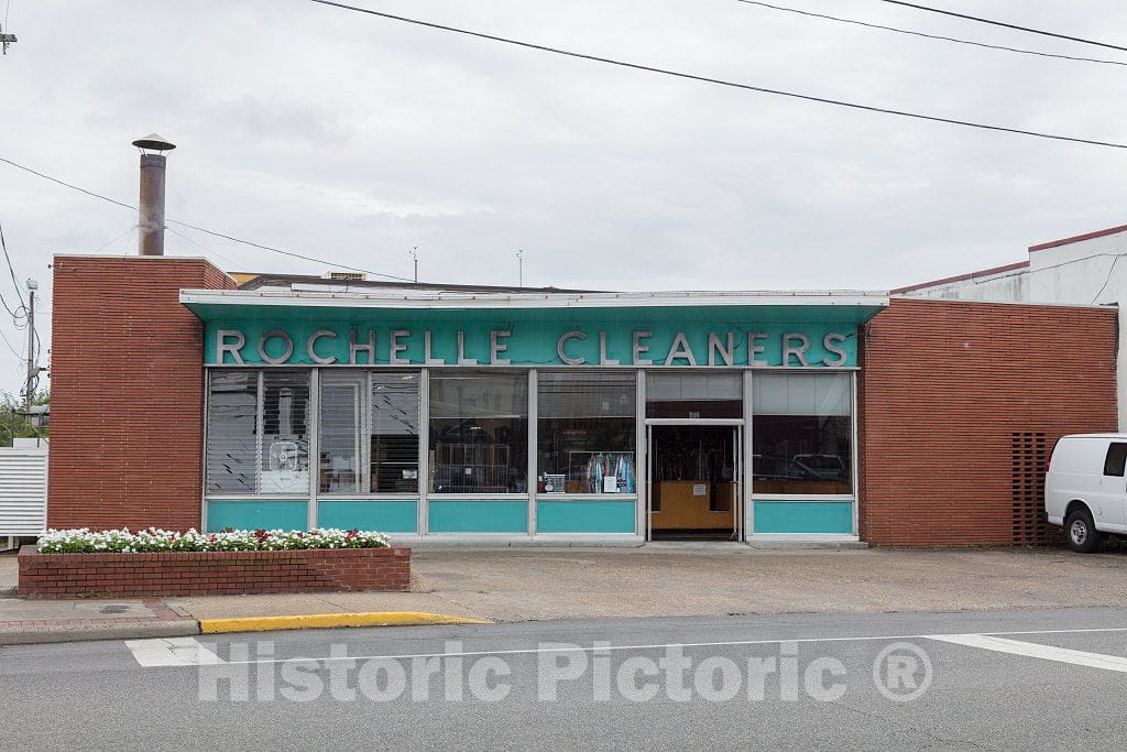 Photo - The front of Rochelle Cleaners, a dry cleaners housed in an Art Deco style building in Elizabeth City, North Carolina- Fine Art Photo Reporduction