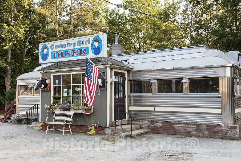 Photograph- The Country Girl Diner, a classic"streamliner"-style aluminum diner, or small, family-style restaurant patterned after the sleek streamliner railroad cars of the mid-20th Century