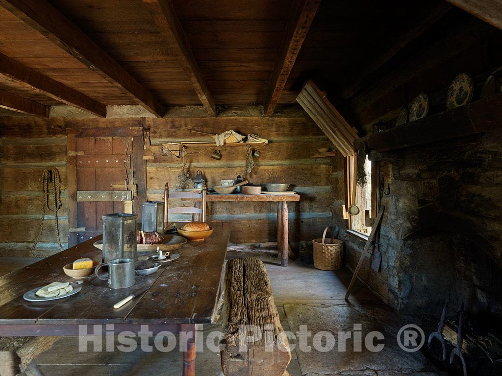 Photo- Carefully reconstructed and reimagined interior of one of several rustic, one-room cabins at the Hickory Ridge Living History Museum in Boone, North Carolina 6