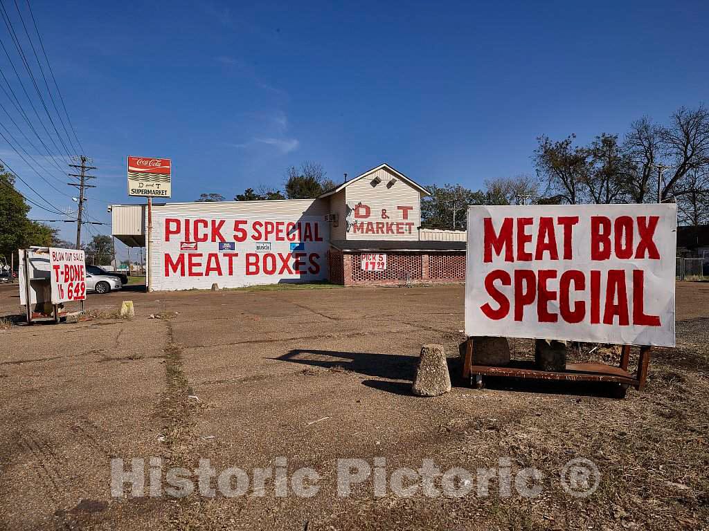 Photo - Signs Advertising Meat Boxes, Specially Priced Packages of Various Fresh Meats, Outside a Store in Clarksdale, Mississippi- Fine Art Photo Reporduction