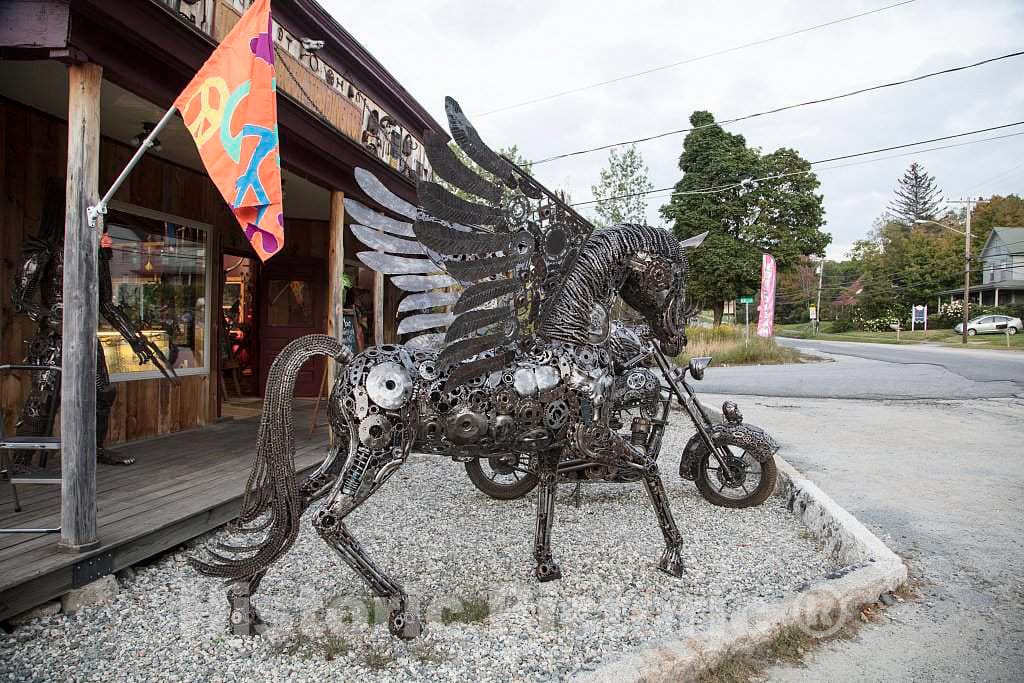 Photo - Winged horse and motorcycle metal art at the Indian Brook Trading Co. antiques and collectibles store in Bethlehem, New Hampshire- Fine Art Photo Reporduction