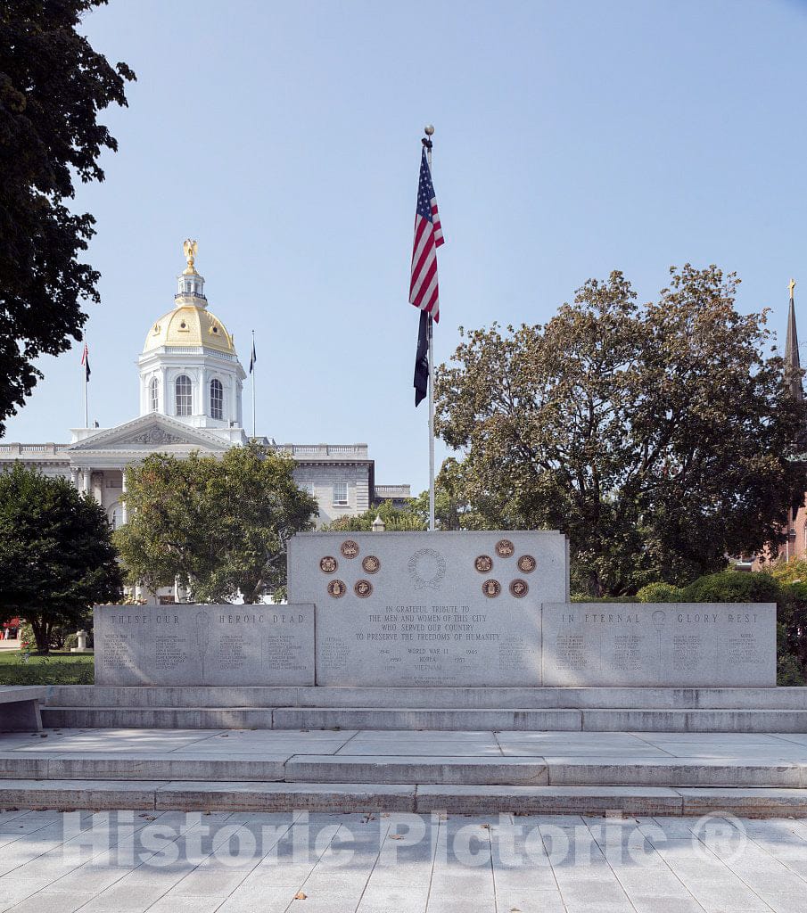 Photo- The memorial in Concord, the capital city of New Hampshire, to those who served, with special mention of those who perished, fighting for the United States in World War II