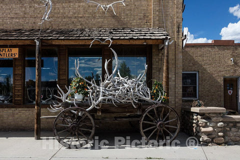 Photo - Elkhorns and an Old Freight Wagon as Art at The Traders Rendezvous Store in Gunnison, Colorado- Fine Art Photo Reporduction