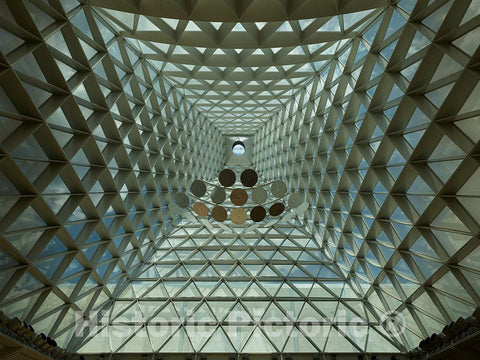Photo- Looking up into The high, Pyramidal Interior of The United States Air Force Academy's Center for Character and Leadership Development in Colorado Springs, Colorado