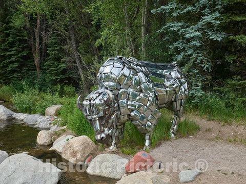 Photo- Lou Wille's"Chrome on the Range" sculpture in the John Denver Sanctuary, named for the popular singer who lived in and sang about Colorado, in the old mining town of Aspen