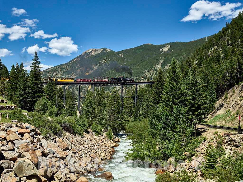Photo - A Georgetown Loop Railroad Scenic Train Crosses a high Trestle Near The Rocky Mountain Town of Georgetown- Fine Art Photo Reporduction