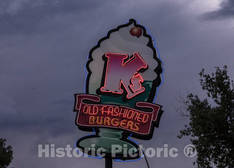 Photo - Neon Sign for The K's Old Fashioned Burgers Restaurant in Buena Vista, Colorado- Fine Art Photo Reporduction