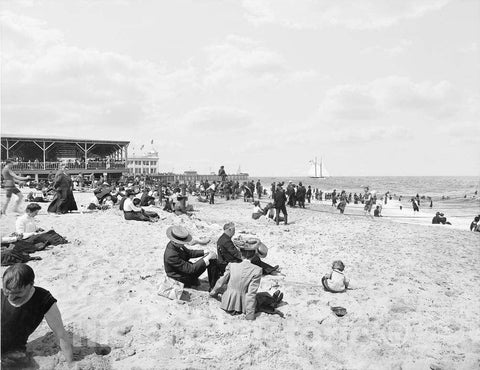 Historic Black & White Photo - Asbury Park on the Jersey Shore - Beach-goers in Asbury Park, c1904 -