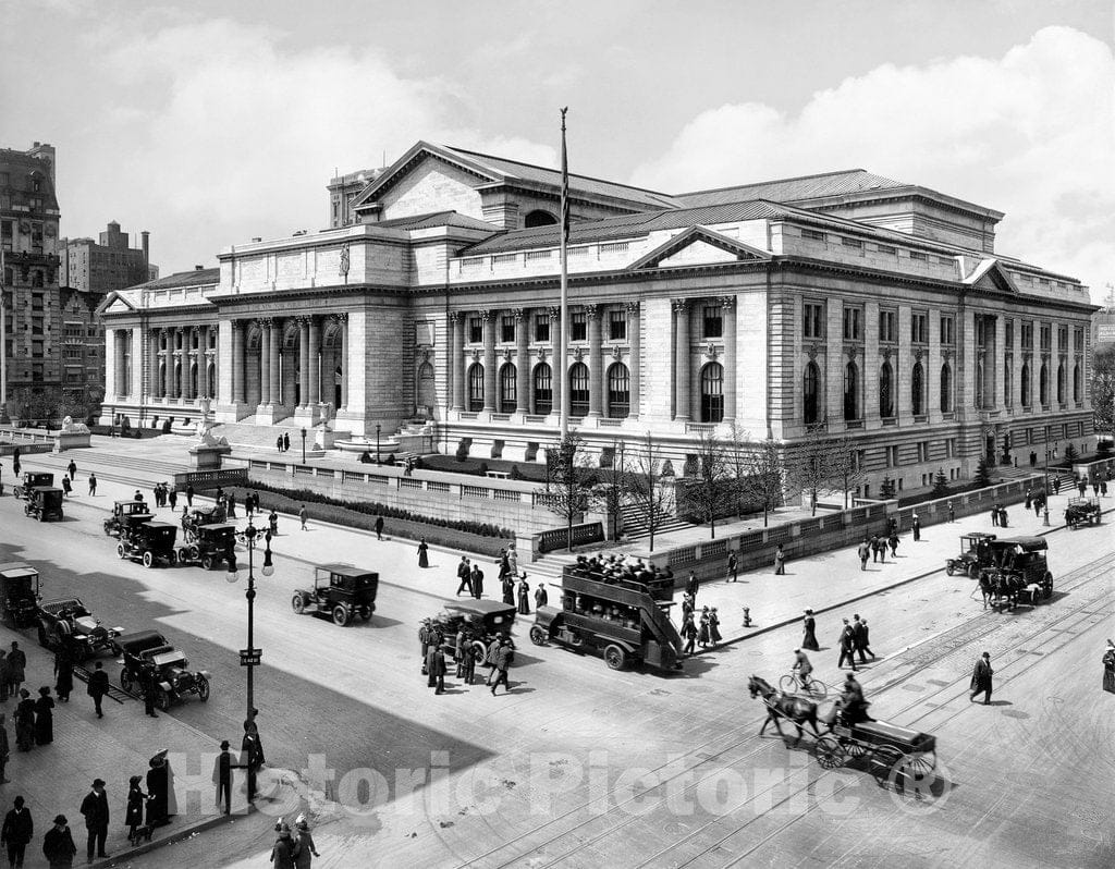 New York City Historic Black & White Photo, Outside the New York Public Library, c1905 -