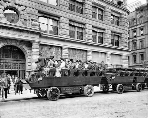 New York City Historic Black & White Photo, Tourists on an Early Sightseeing Bus, c1903 -