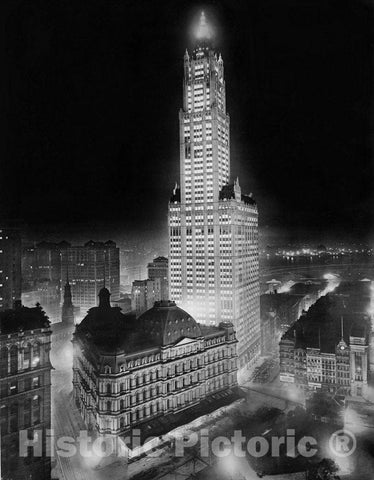 New York City Historic Black & White Photo, The Woolworth Building Illuminated at Night, c1913 -