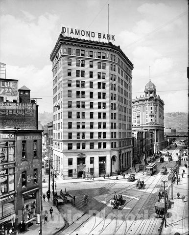 Pittsburgh Historic Black & White Photo, Diamond Bank Building on Liberty Avenue, c1904 -