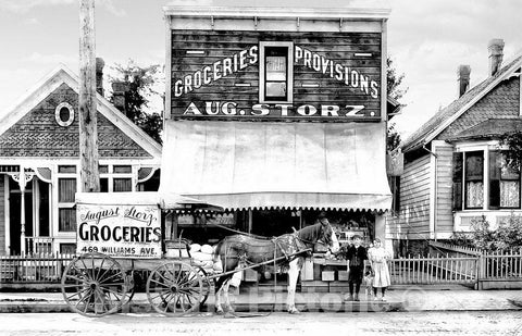 Portland Historic Black & White Photo, Outside August Storz Grocery, c1910 -