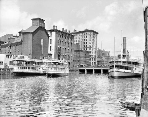Providence Historic Black & White Photo, Steamers on the Providence River, c1906 -