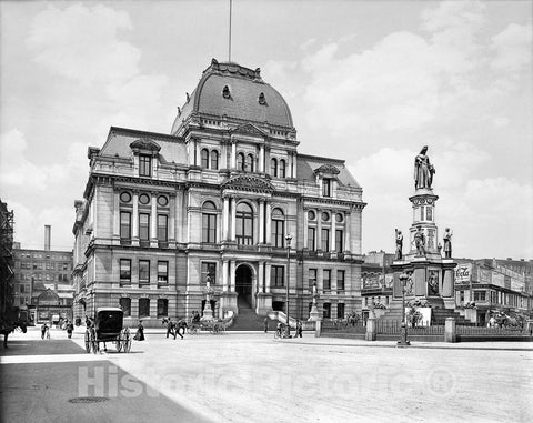 Providence Historic Black & White Photo, The Soldiers and Sailors Monument in front of City Hall, c1906 -