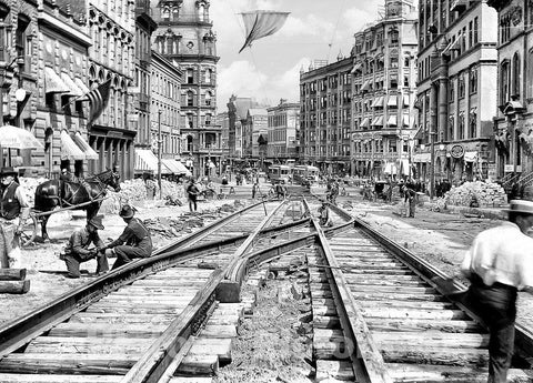 Rochester Historic Black & White Photo, Laying Streetcar Tracks on Exchange Street, c1898 -