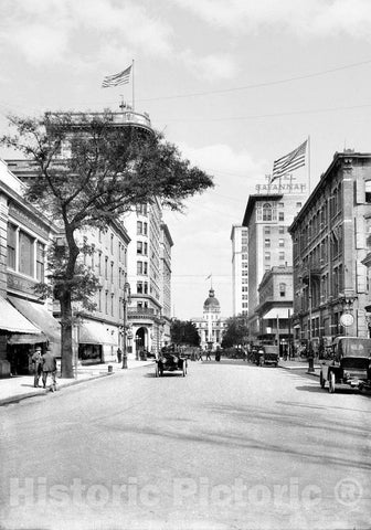 Savannah Historic Black & White Photo, Looking North on Bull Street to Johnson Square, c1920 -