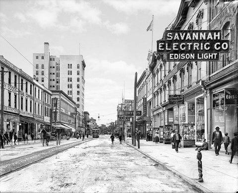 Savannah Historic Black & White Photo, Looking East on Broughton Street, c1904 -