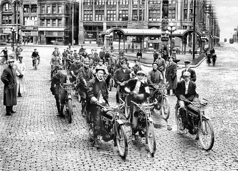 Seattle Historic Black & White Photo, Excelsior V-Twins Motorcycle Club in Pioneer Square, c1914 -
