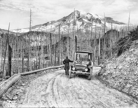 Seattle Historic Black & White Photo, Detroit Electric Car on the Road to Mt. Rainier, c1919 -