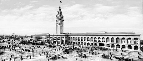 San Francisco Historic Black & White Photo, Evening Rush at the Ferry Building, c1915 -