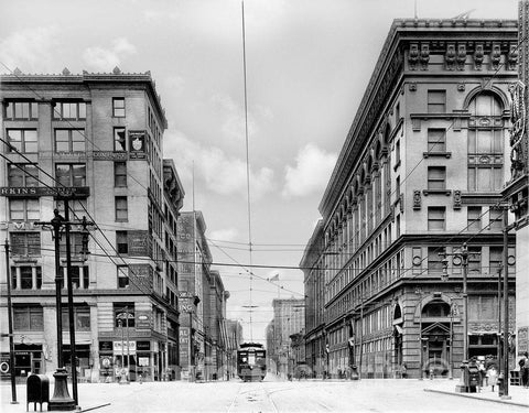 St. Louis Historic Black & White Photo, Trolley on Washington Avenue and Twelfth Street, c1914 -