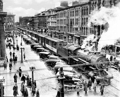 Syracuse Historic Black & White Photo, Freight Train Passing Through Vanderbilt Square, c1915 -