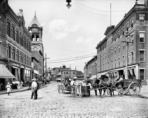 Vermont Historic Black & White Photo, The Town Square, Bellows Falls, c1907 -