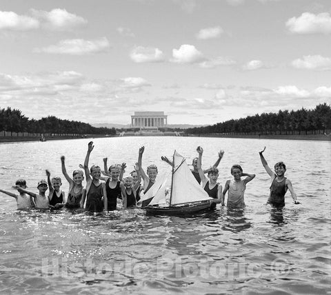 Washington D.C. Historic Restored Black & White Photo, Reflecting Pool, Lincoln Memorial, c1926 -